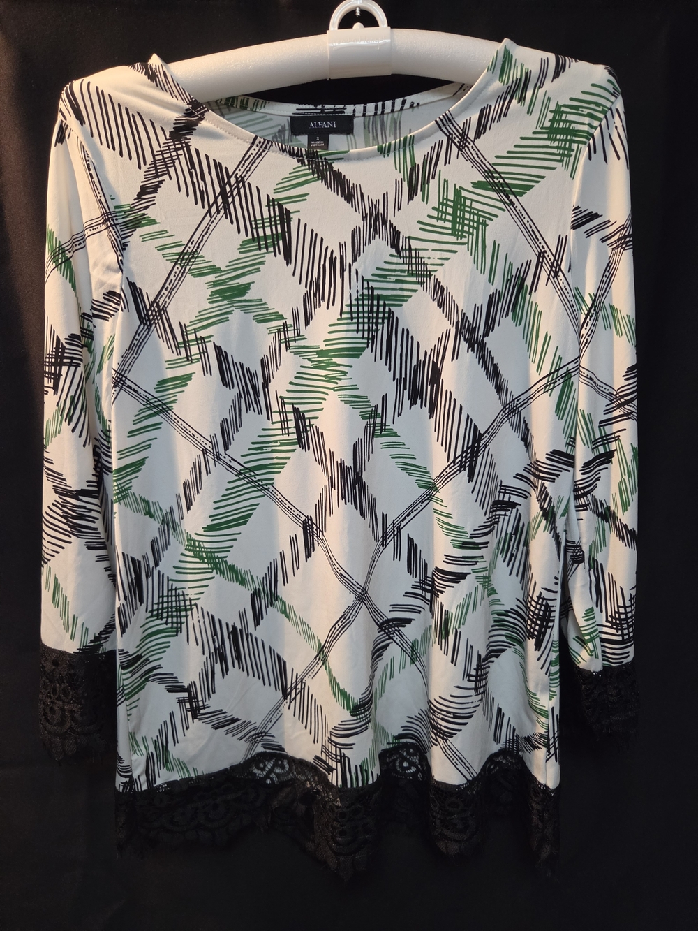 Alfani Women's White Black Green Abstract Lace-Hem Blouse
